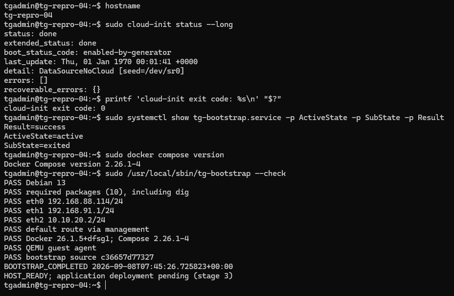 Успішний bootstrap tg-repro-04: cloud-init done, Docker і Compose встановлено, три NIC перевірено, результат HOST_READY.