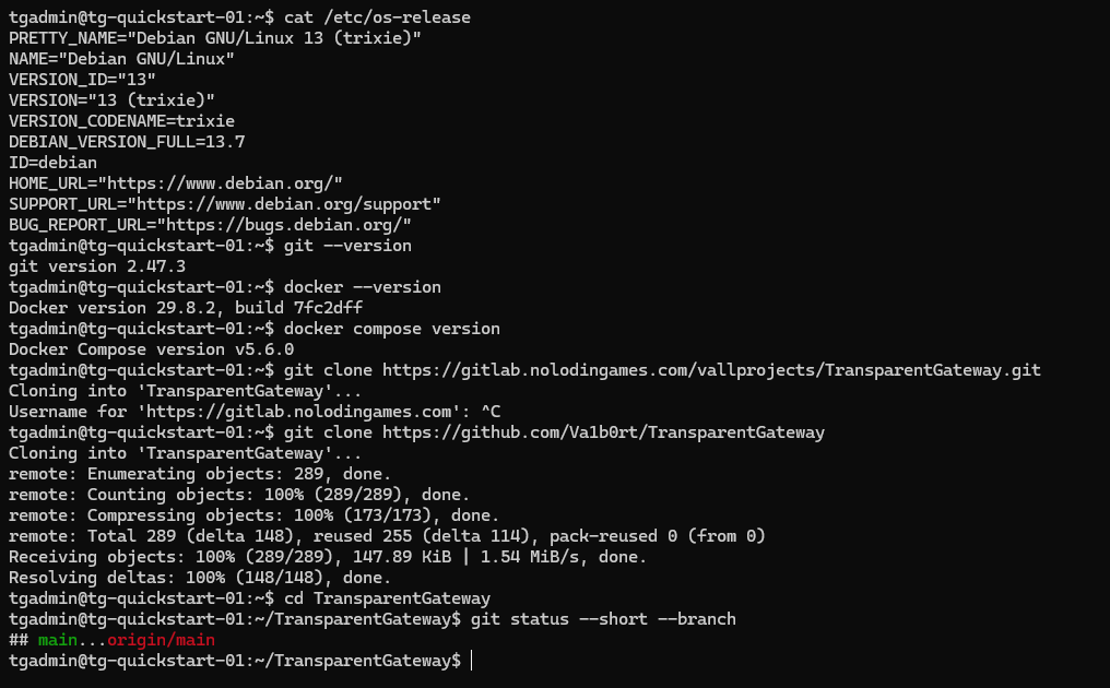 Debian 13, версії Git і Docker та успішне клонування TransparentGateway з GitHub у терміналі.