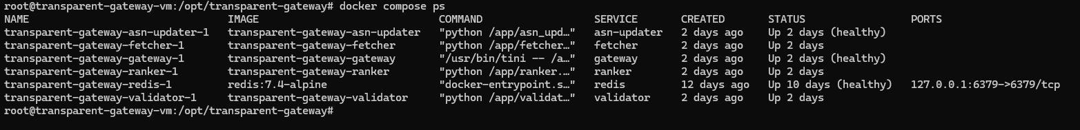 Стан Docker Compose-сервісів Transparent Gateway: Redis, fetcher, validator, ranker, gateway та ASN updater запущені.