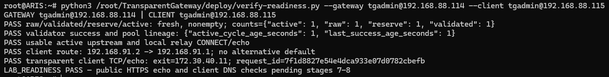LAB_READINESS PASS: свіжі пули upstream, маршрут клієнта через gateway і локальний transparent TCP echo; публічні перевірки ще попереду.