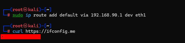 Відновлення default route через 192.168.90.1 та повторний curl.