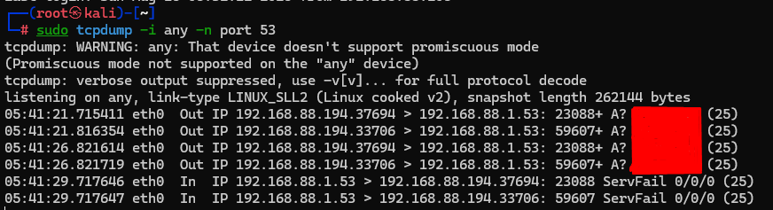 Вивід tcpdump, що показує прямий DNS-трафік до системного резолвера.
