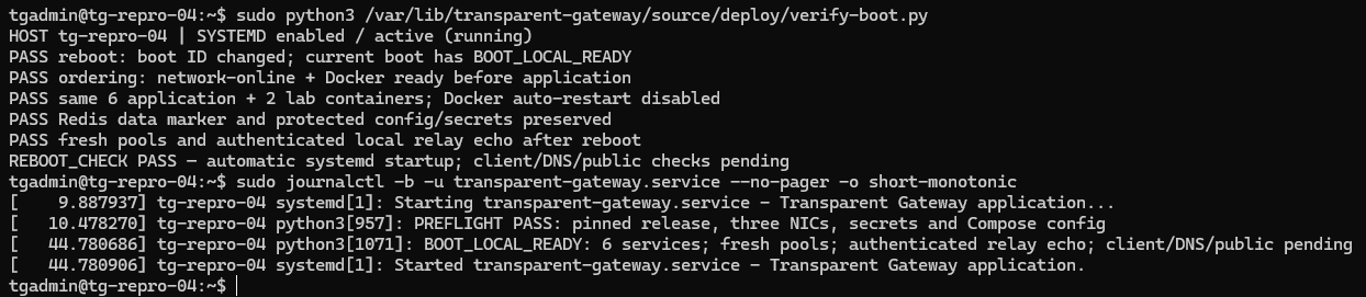Локальна перевірка reboot: systemd автоматично запустив gateway після Docker і мережі, Redis та secrets збереглися.