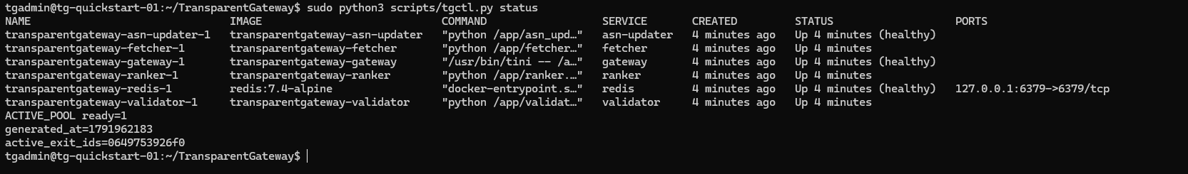 Шість запущених сервісів Transparent Gateway, ACTIVE_POOL ready=1 і відбиток адреси активного проксі.