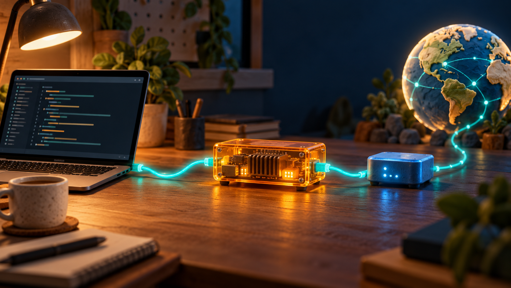 Ноутбук на робочому столі з’єднаний бірюзовим кабелем із Transparent Gateway, проксі та глобусом, що позначає інтернет.
