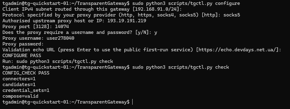 Налаштування SOCKS5-проксі через tgctl.py configure і результат CONFIG_CHECK PASS.