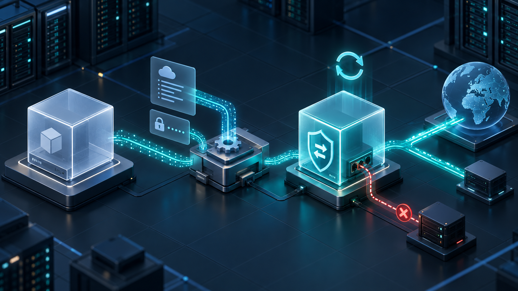 Ізометрична схема розгортання Transparent Gateway: чиста VM проходить налаштування, стає шлюзом і передає трафік до зовнішнього сервісу після перезавантаження.