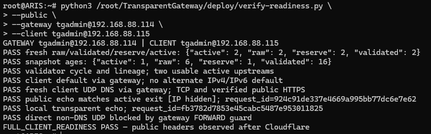 FULL_CLIENT_READINESS PASS: свіжі пули з двома upstream, DNS, TCP, local і public echo через gateway та блокування прямого non-DNS UDP.