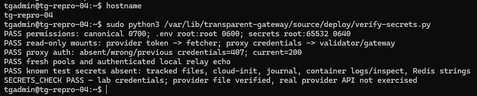 SECRETS_CHECK PASS: права файлів і монтування лише для читання перевірено, тестові credentials відсутні у Git, cloud-init та журналах.